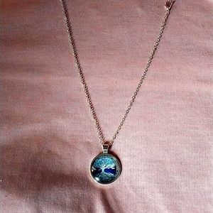 Tree of life pendant with chain, medium size chain  in silver with pendant blue